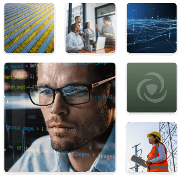 Multiple images of people in the office, renewable energy and ClearSky logo