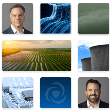 Collage of team headshots, renewable energy sources, and the ClearSky logo
