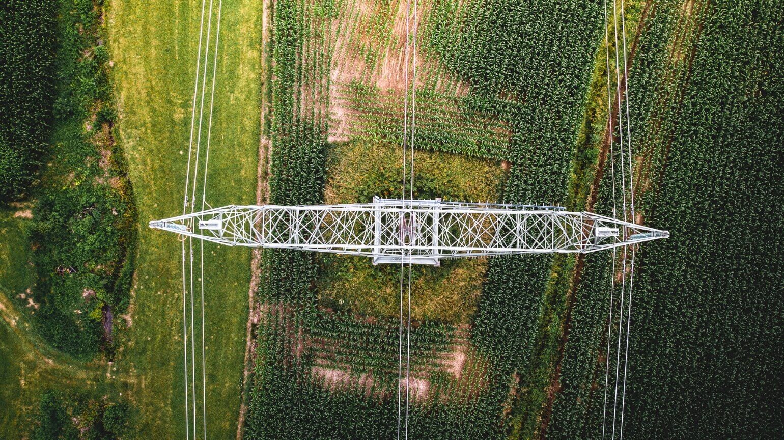 Aerial view of a large power line structure